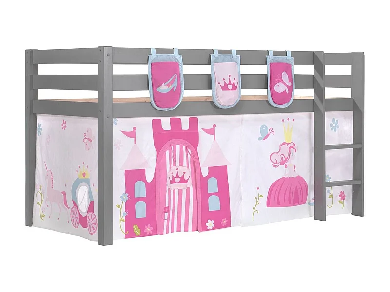 Cama entresuelo 90x200 cm con tienda y 3 bolsillos princesa pino macizo gris Pino