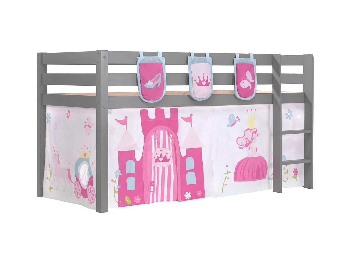 Cama entresuelo 90x200 cm con tienda y 3 bolsillos princesa pino macizo gris Pino