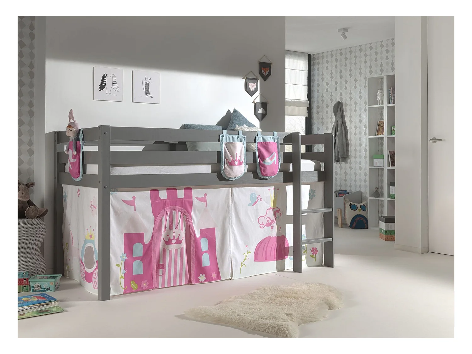 Cama entresuelo 90x200 cm con tienda y 3 bolsillos princesa pino macizo gris Pino