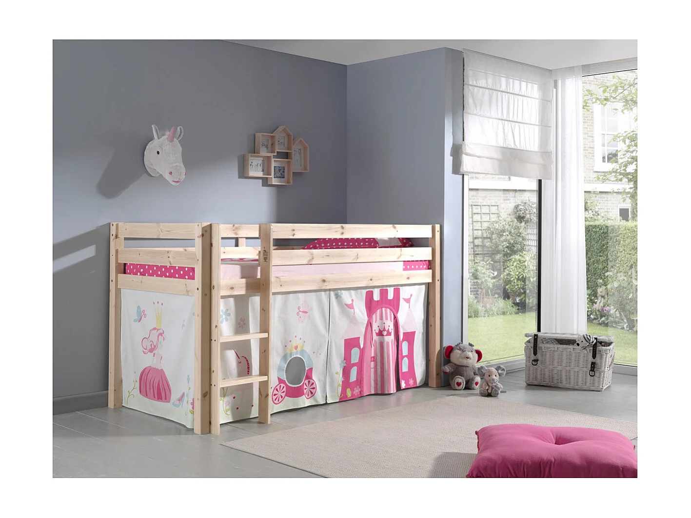 Cama altillo 90x200 cm con tienda de campaña y 3 bolsillos princesa de pino macizo claro Pino