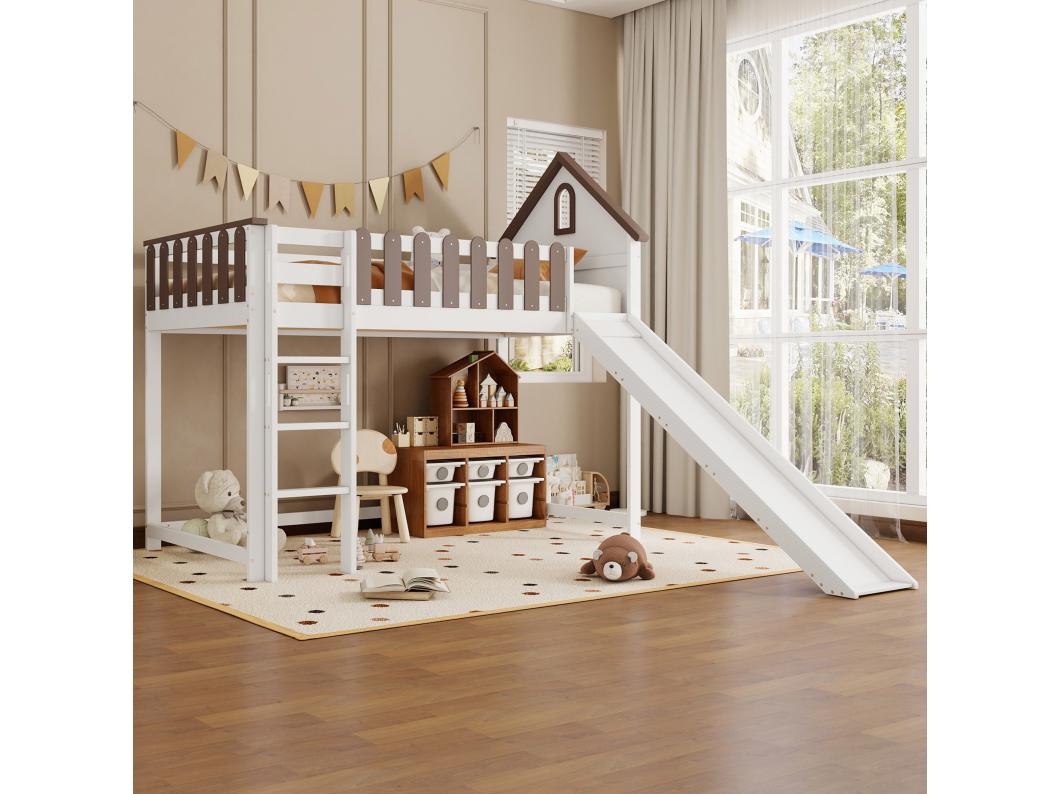 Cama mezzanino 90x200 cm com escada e escorregador - em pinho e MDF - branco e marrom