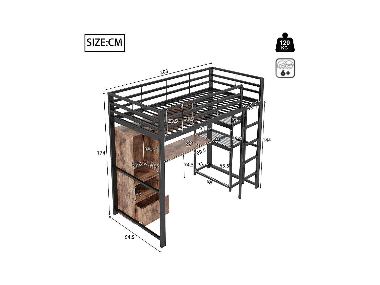 Hogeslaapbed 90x200 cm - met LED-verlichting - met bureau - met 1 lade - met ladder - zwart