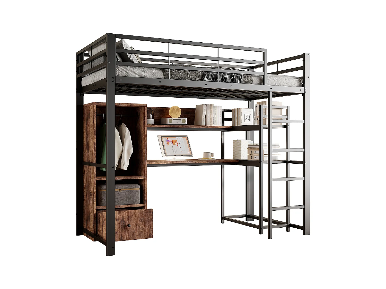 Hogeslaapbed 90x200 cm - met LED-verlichting - met bureau - met 1 lade - met ladder - zwart