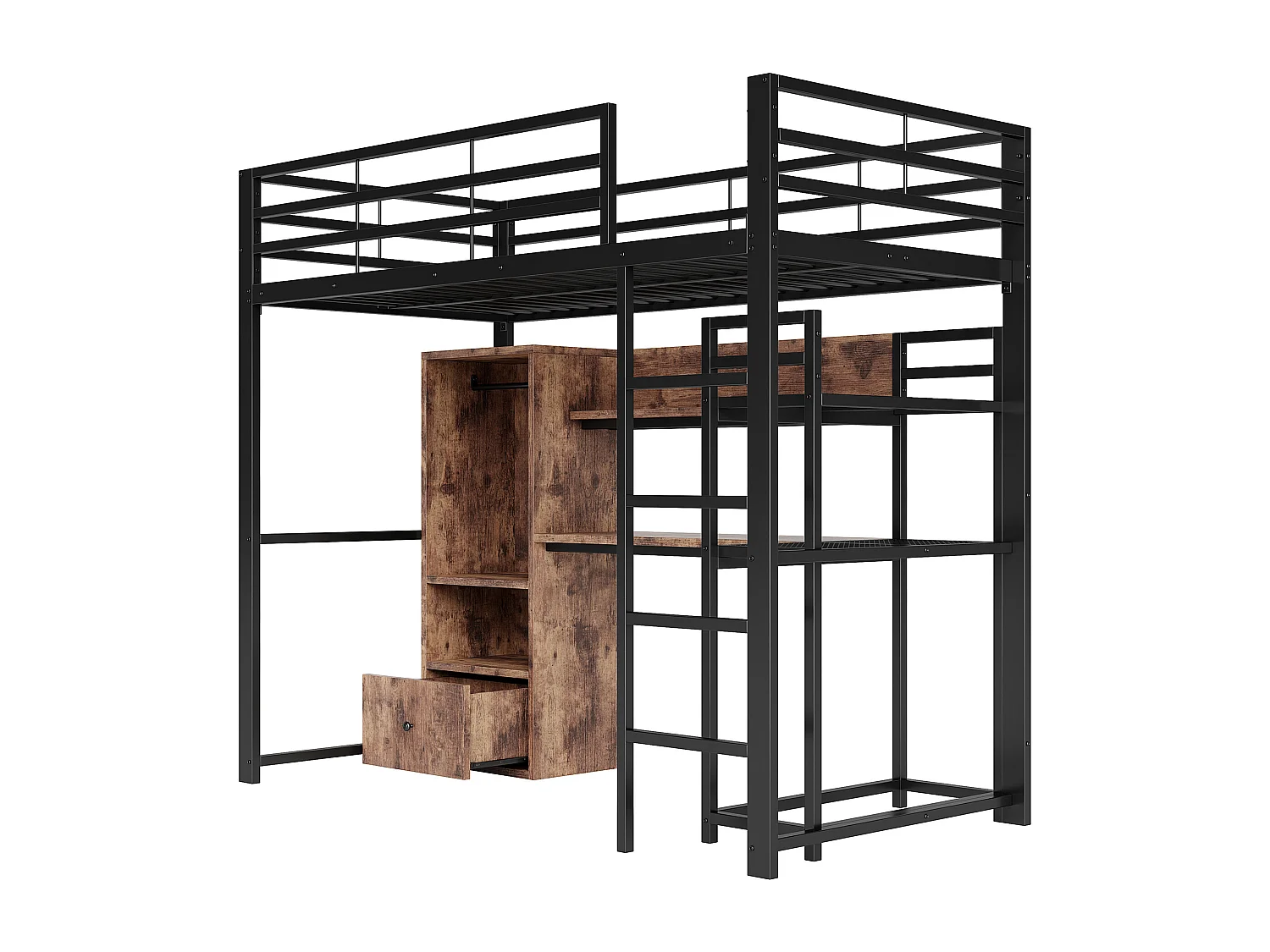 Hogeslaapbed 90x200 cm - met LED-verlichting - met bureau - met 1 lade - met ladder - zwart