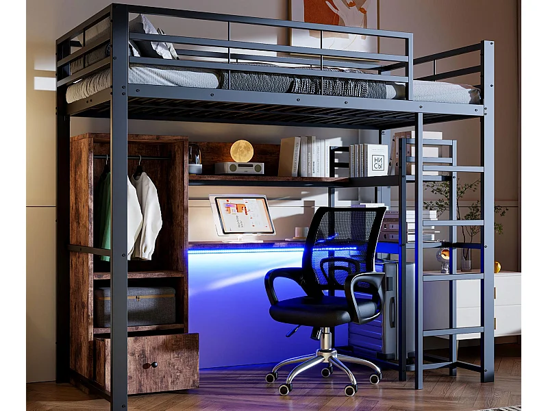 Hochbett 90x200 cm - mit LED-Beleuchtung - mit Schreibtisch - mit 1 Schublade - mit Leiter - schwarz