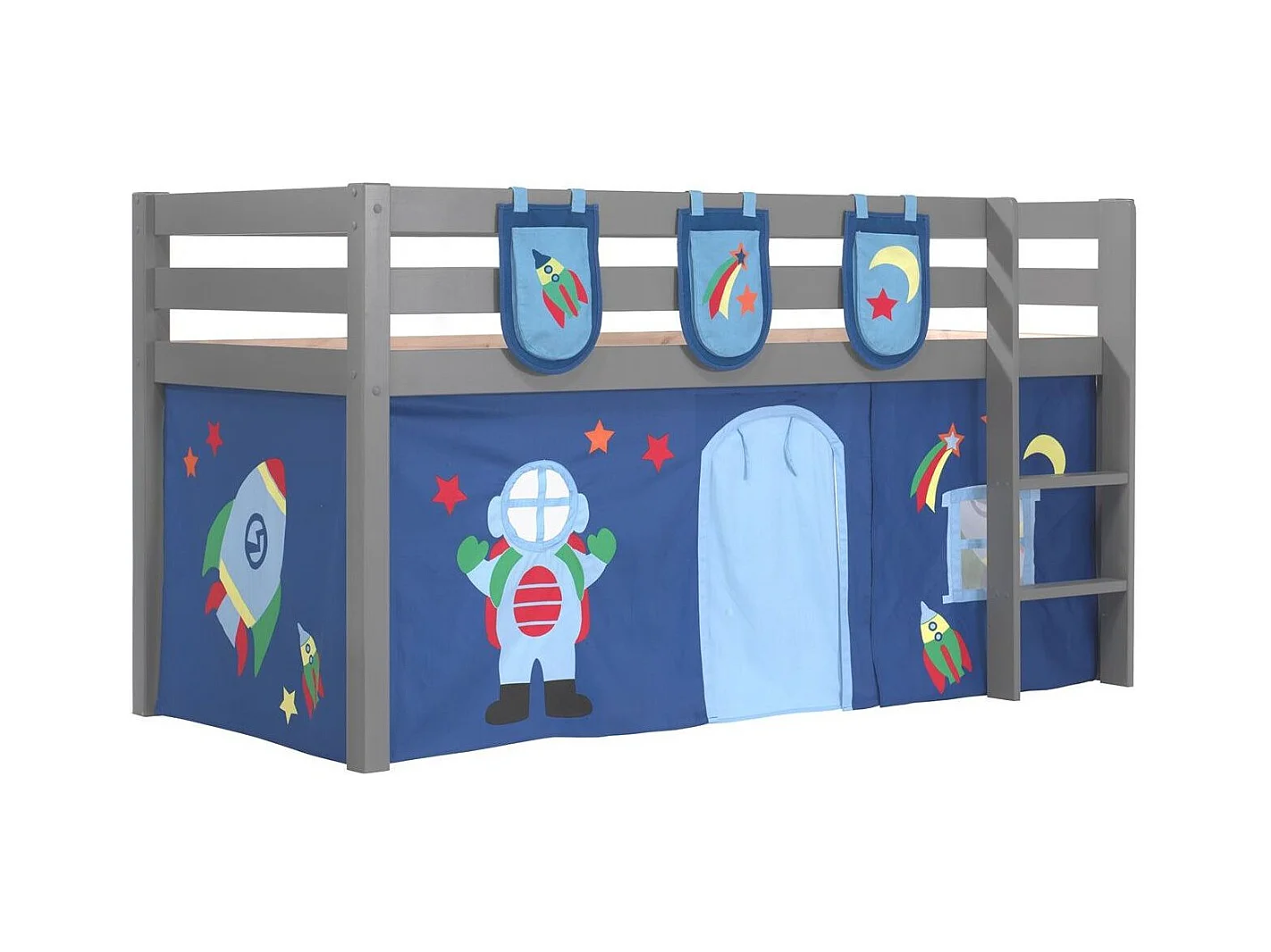 Cama altillo 90x200 cm con tienda y 3 bolsillos pino macizo astra gris Pino