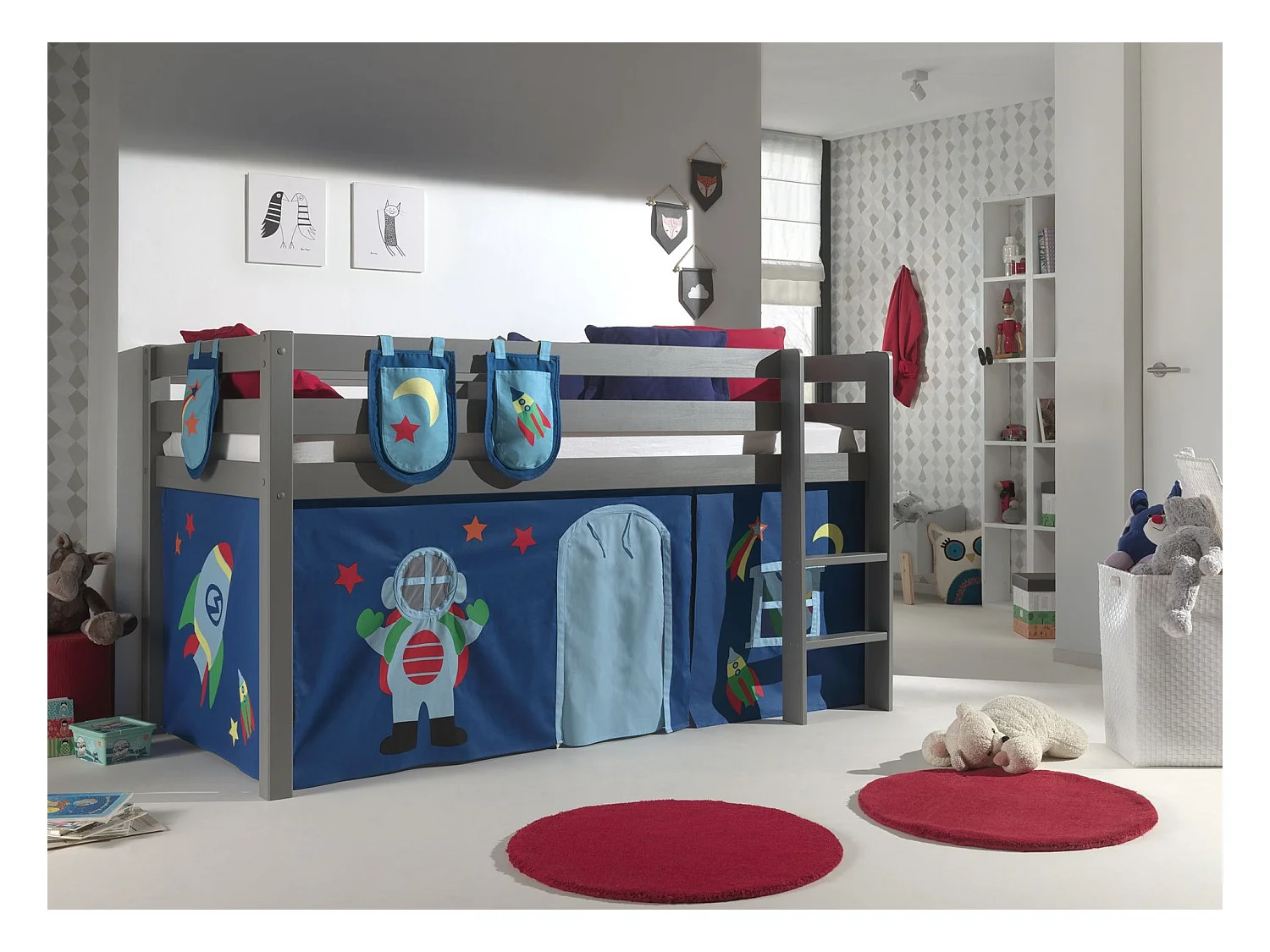 Cama altillo 90x200 cm con tienda y 3 bolsillos pino macizo astra gris Pino