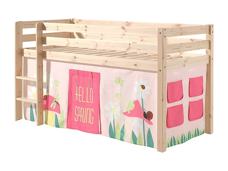 Cama alta 90x200 cm con tienda de campaña de pino macizo claro Pino