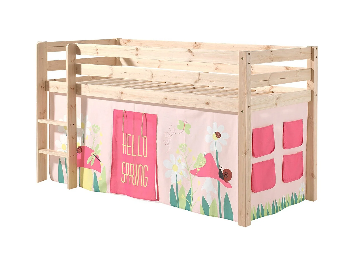 Cama alta 90x200 cm con tienda de campaña de pino macizo claro Pino