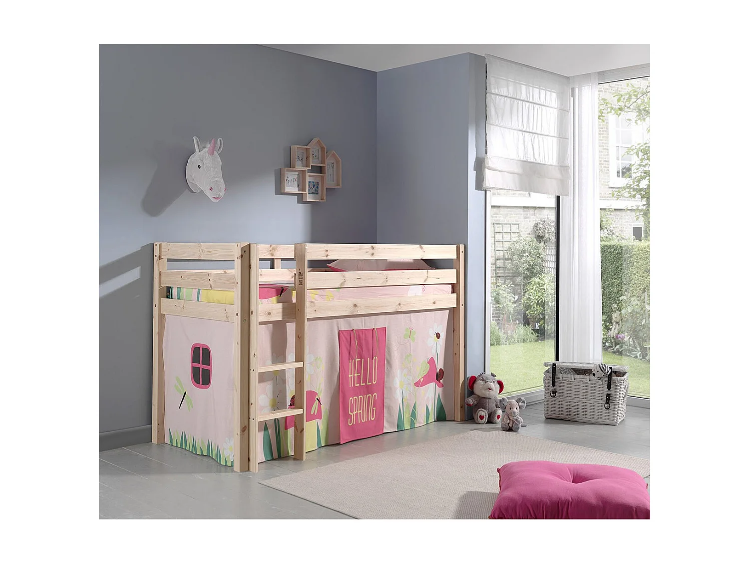 Cama alta 90x200 cm con tienda de campaña de pino macizo claro Pino