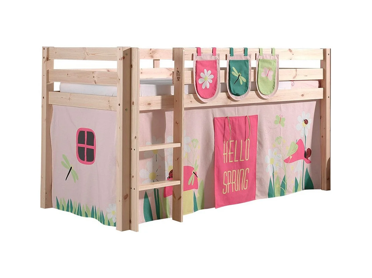 Mezzaninebed van 90x200 cm met tent en 3 lichte, massief grenen veerzakken Pino