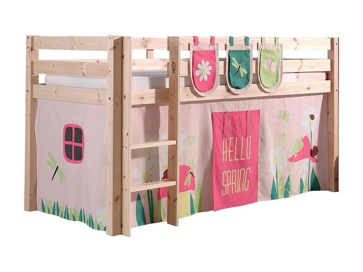 Cama altillo 90x200 cm con tienda de campaña y 3 bolsillos con muelles de pino macizo claro Pino