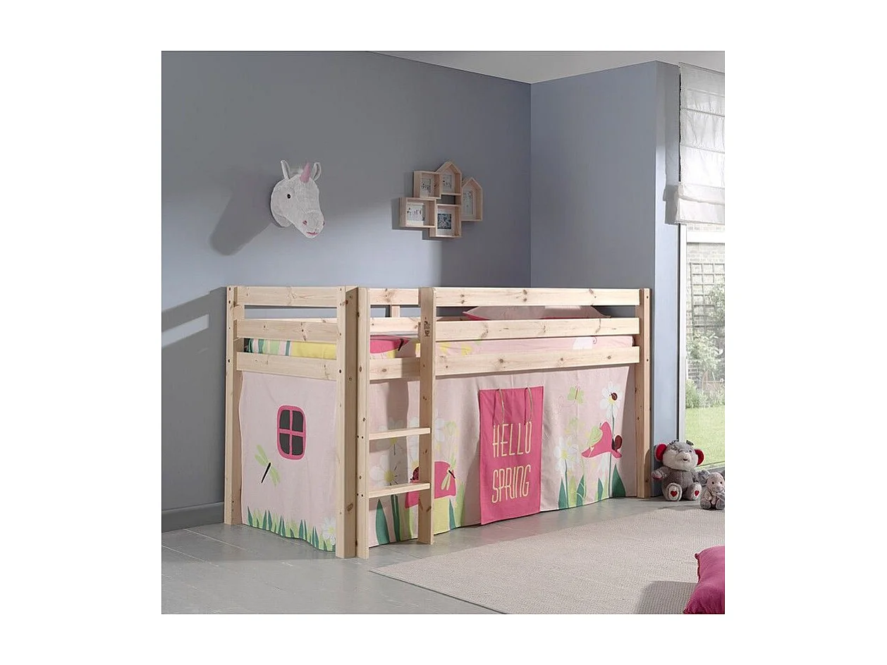 Cama altillo 90x200 cm con tienda de campaña y 3 bolsillos con muelles de pino macizo claro Pino