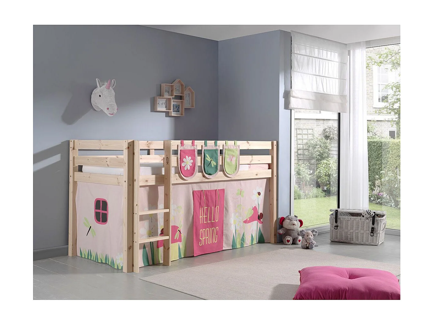 Cama altillo 90x200 cm con tienda de campaña y 3 bolsillos con muelles de pino macizo claro Pino