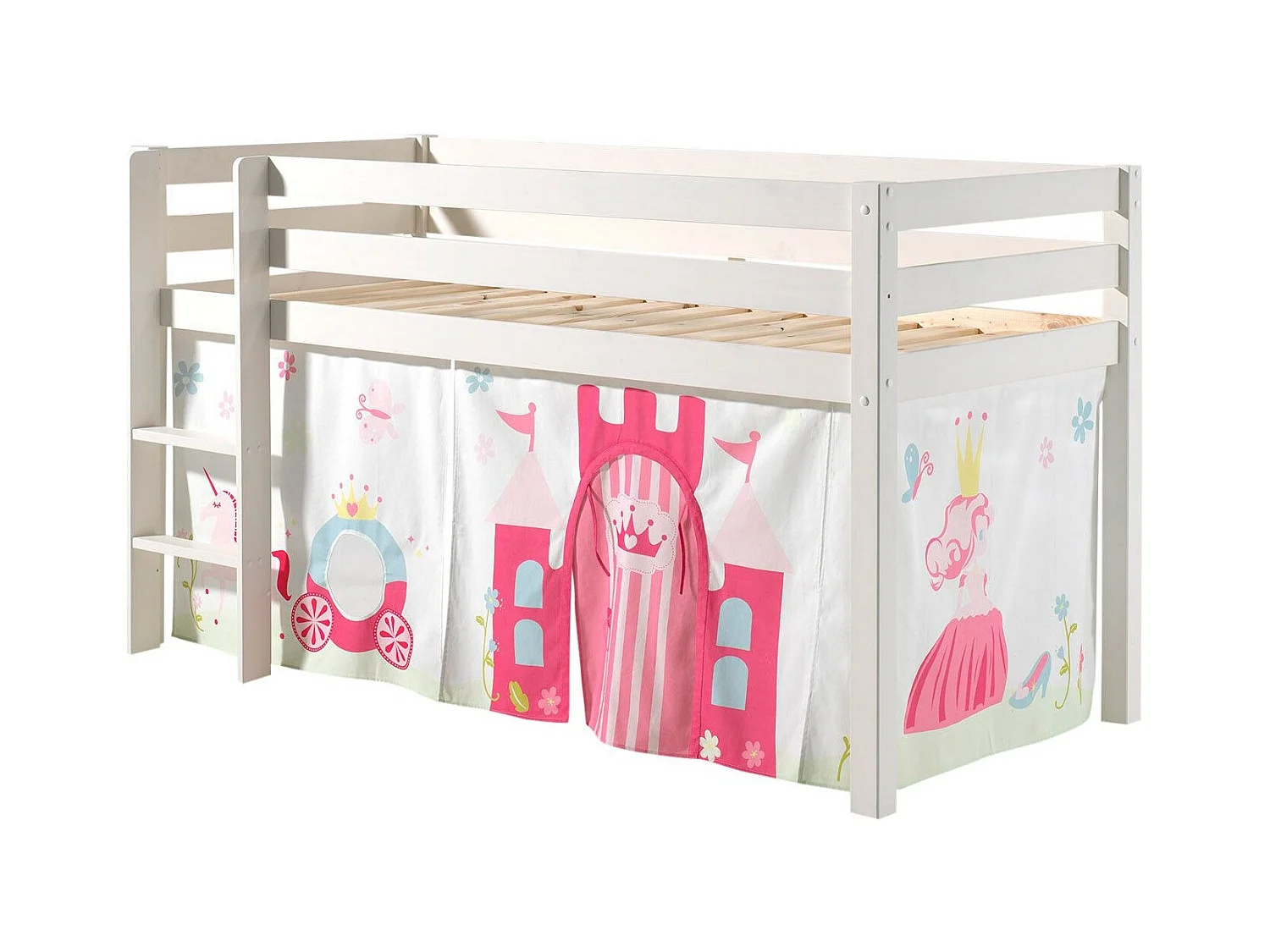 Tussenbed van 90x200 cm met witte, massief grenen prinsessentent Pino