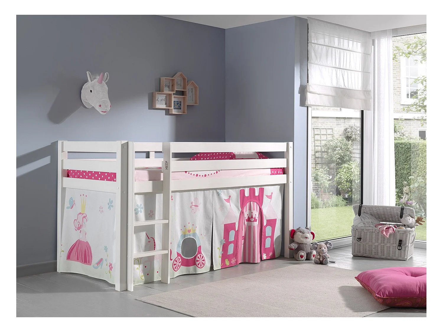 Tussenbed van 90x200 cm met witte, massief grenen prinsessentent Pino