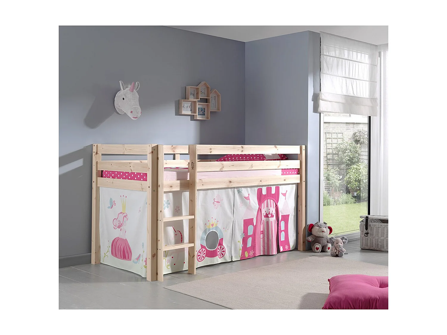 Cama altillo 90x200 cm con tienda princesa de pino macizo claro Pino