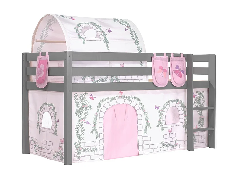 Cama altillo de 90x200 cm con tienda túnel y 3 bolsillos contra pino macizo gris Pino