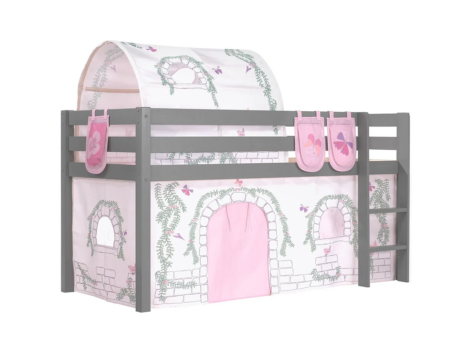 Cama altillo de 90x200 cm con tienda túnel y 3 bolsillos contra pino macizo gris Pino