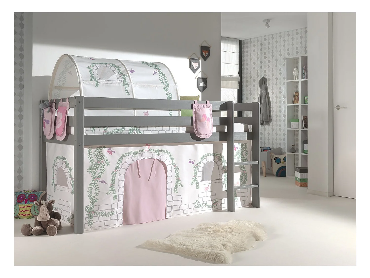 Cama altillo de 90x200 cm con tienda túnel y 3 bolsillos contra pino macizo gris Pino