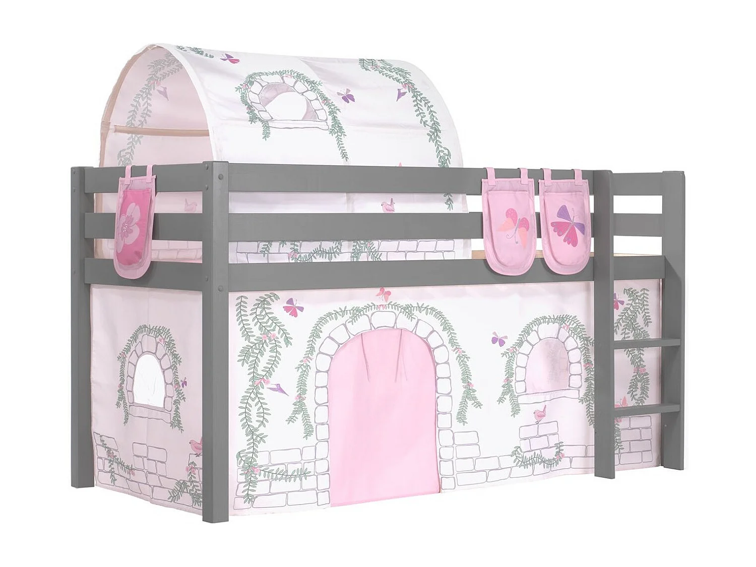 Pack - Lit Enfant Surélevé, Tente, 3 Pochettes & Tunnel "Pino Birdy" Gris