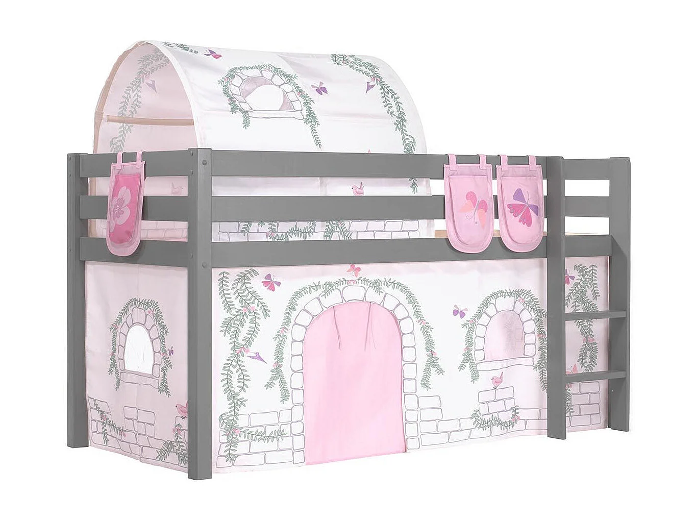 Pack - Lit Enfant Surélevé, Tente, 3 Pochettes & Tunnel "Pino Birdy" Gris