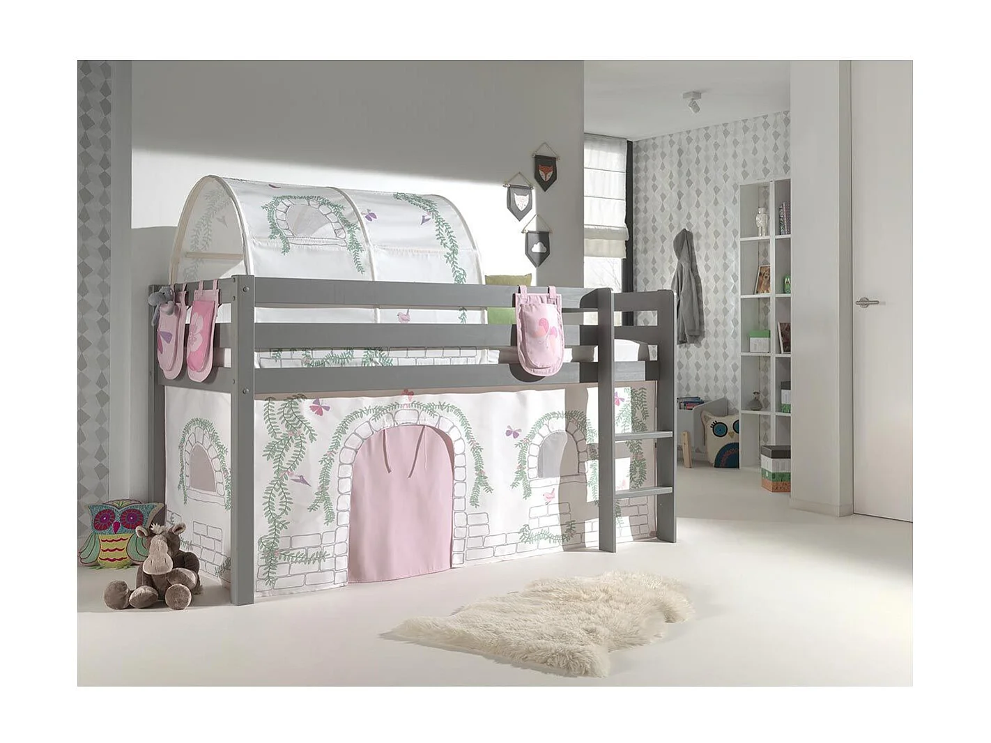 Pack - Lit Enfant Surélevé, Tente, 3 Pochettes & Tunnel "Pino Birdy" Gris