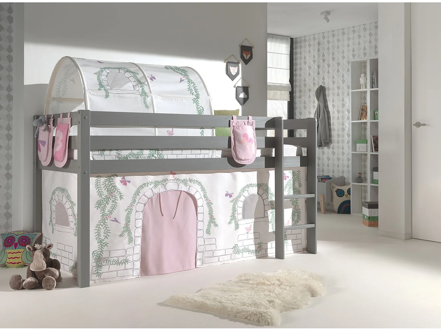 Pack - Lit Enfant Surélevé, Tente, 3 Pochettes & Tunnel "Pino Birdy" Gris