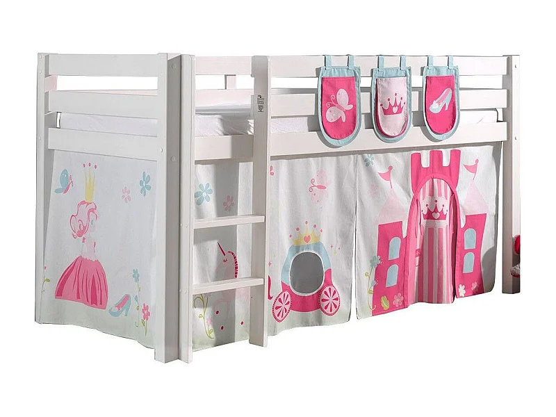 Mezzaninebed van 90x200 cm met tent en 3 prinsessenzakken van massief wit grenen Pino