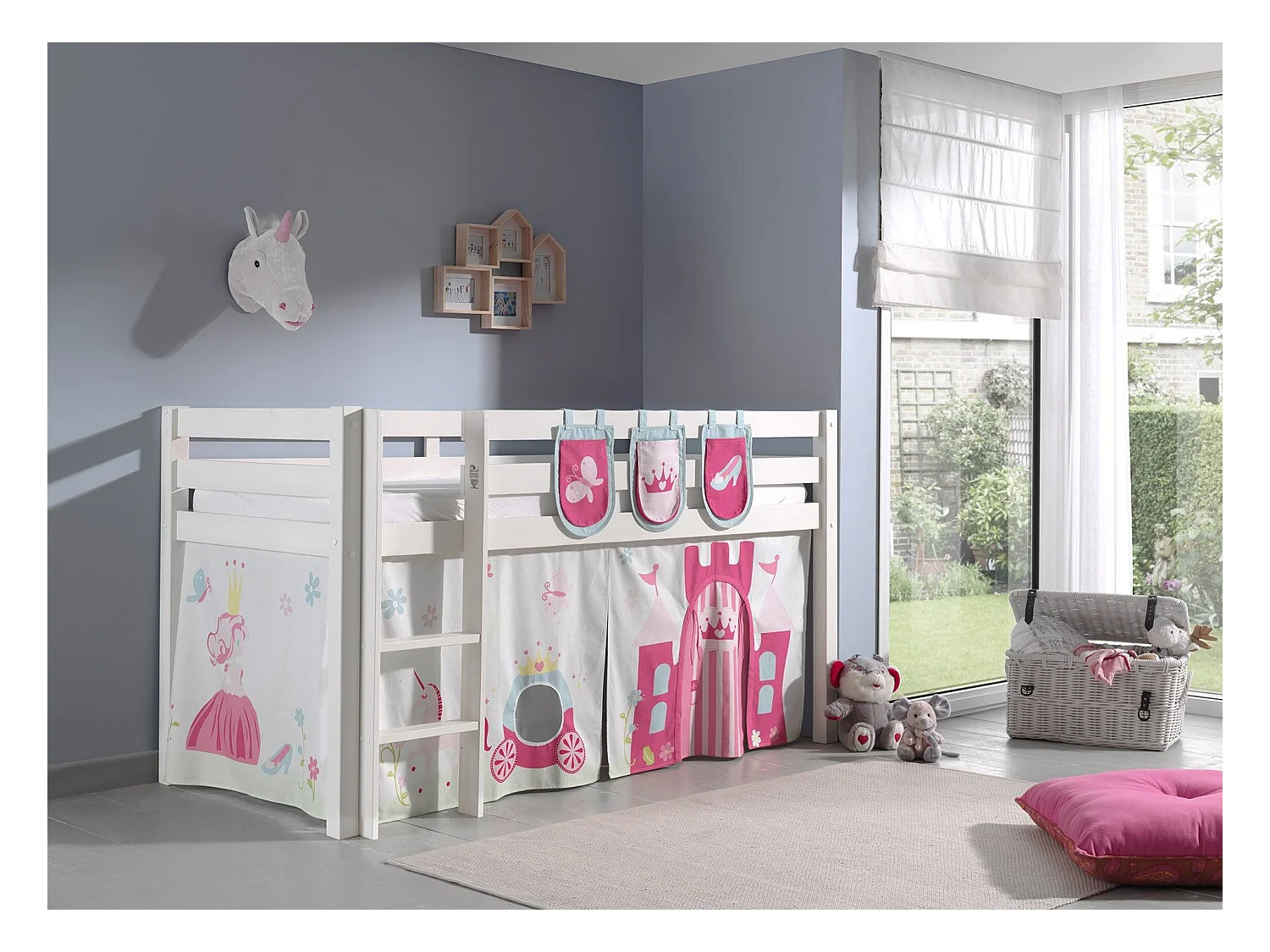 Mezzaninebed van 90x200 cm met tent en 3 prinsessenzakken van massief wit grenen Pino