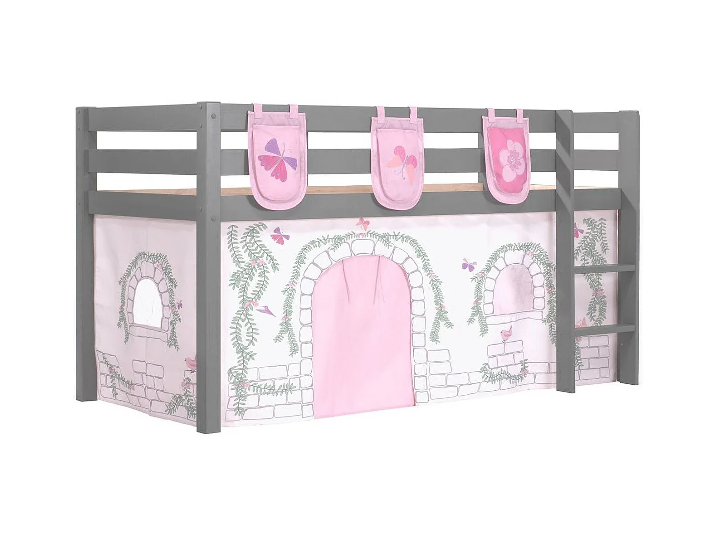 Cama entresuelo 90x200 cm con tienda y 3 bolsillos contra pino macizo gris Pino