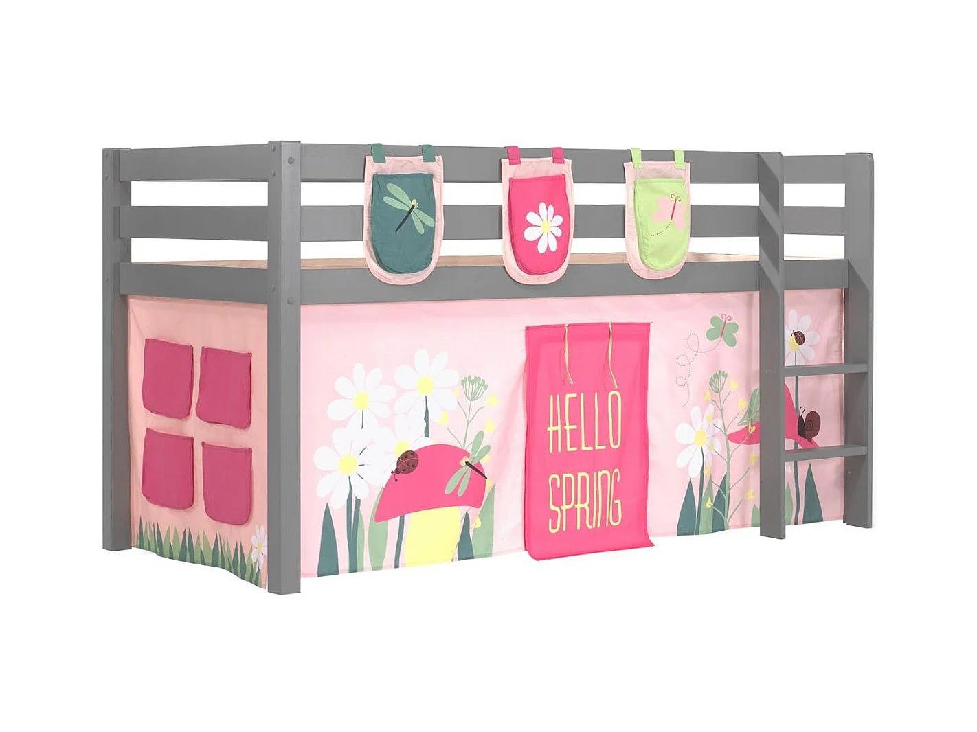 Cama altillo 90x200 cm con tienda y 3 bolsillos con muelles pino macizo gris Pino