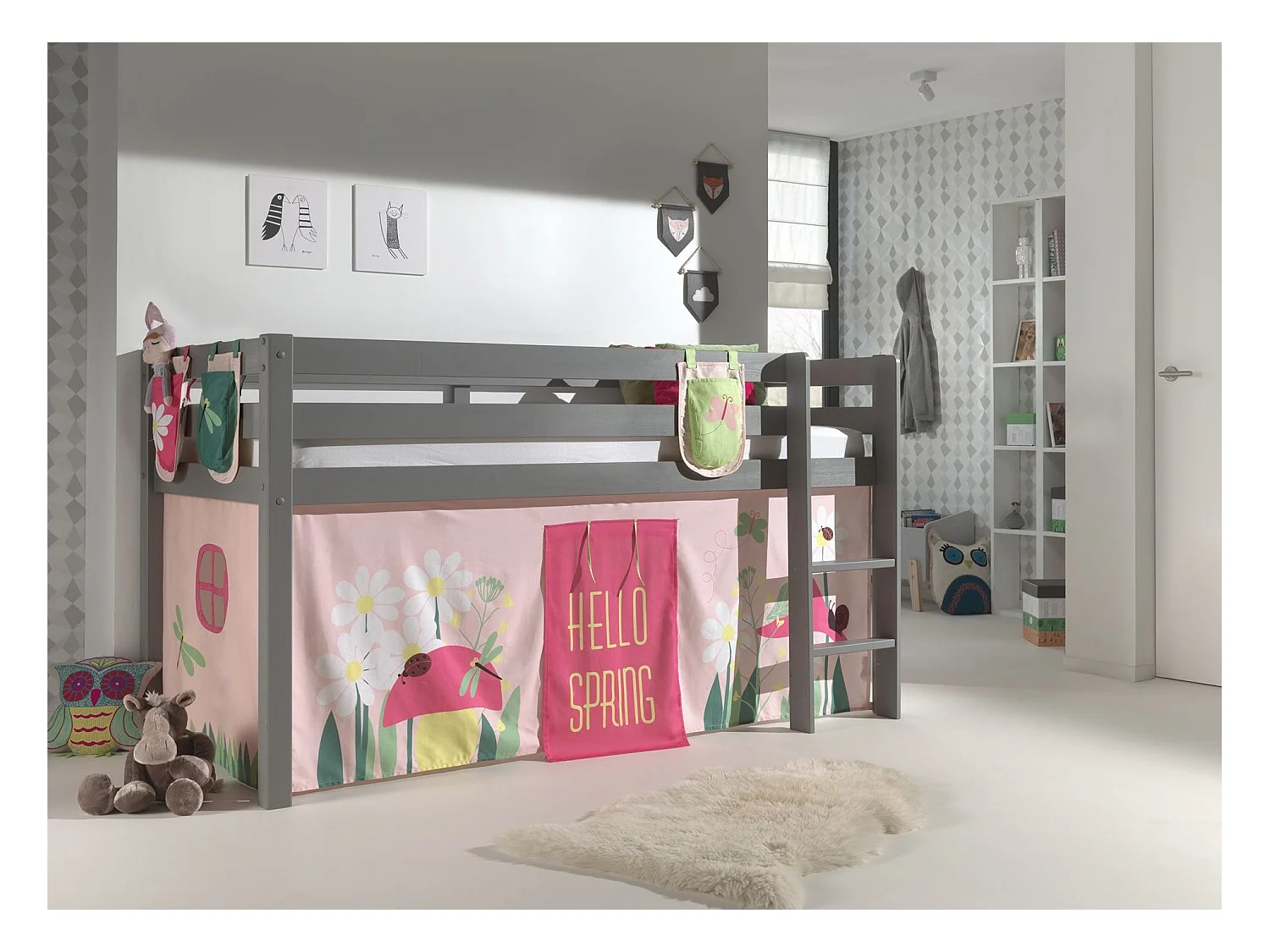 Cama altillo 90x200 cm con tienda y 3 bolsillos con muelles pino macizo gris Pino