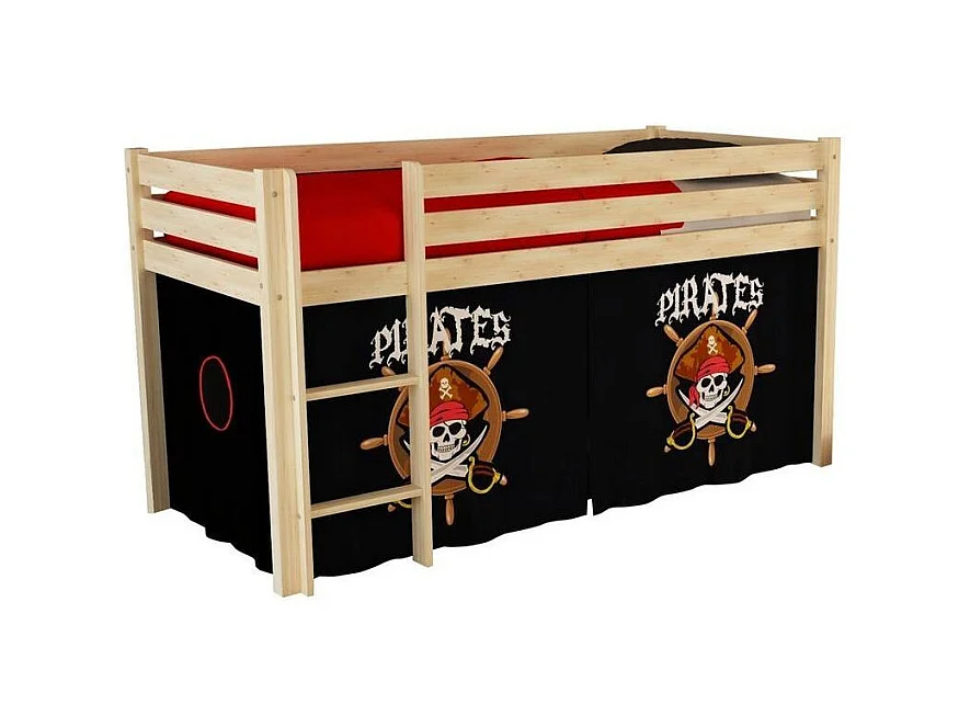 Cama alta 90x200 cm con tienda pirata negra pino macizo claro Pino