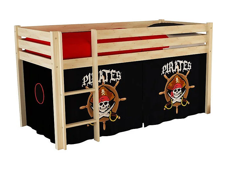Cama alta 90x200 cm con tienda pirata negra pino macizo claro Pino