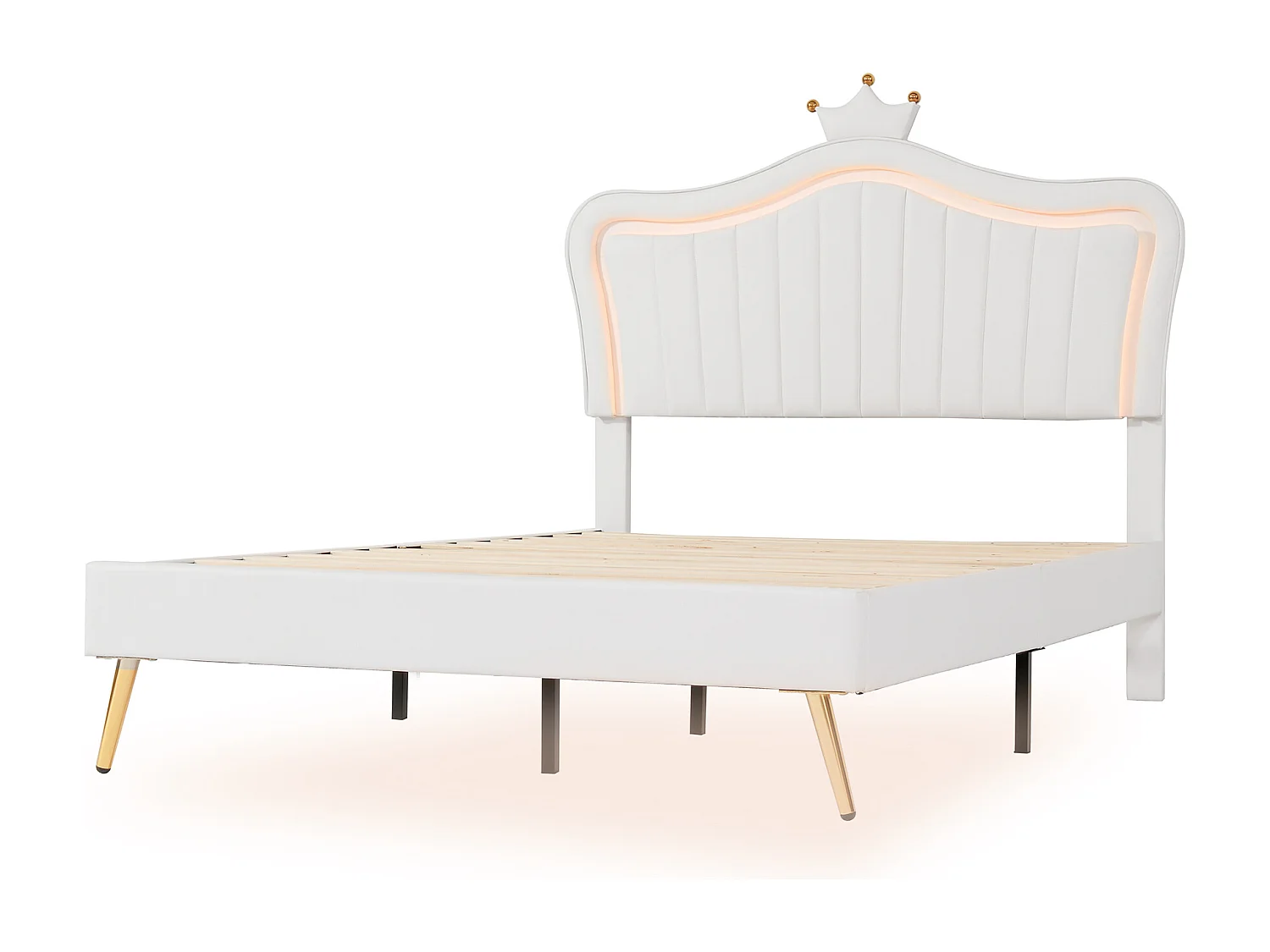 Kinderbed 140x200cm met LED en verstelbaar kroonvormig hoofdeinde, wit PU, zonder matras