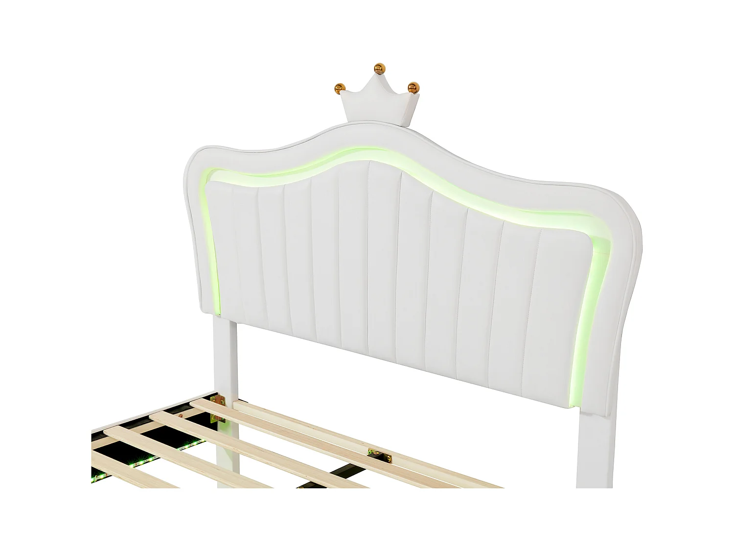 Kinderbed 140x200cm met LED en verstelbaar kroonvormig hoofdeinde, wit PU, zonder matras