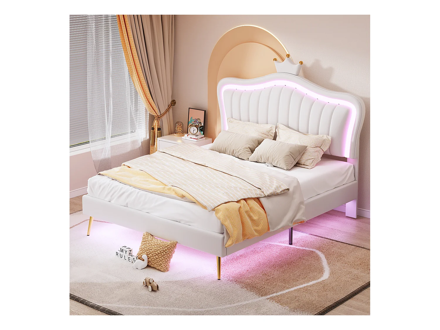 Lit enfant 140x200cm avec LED et tête de lit réglable en forme de couronne, PU blanc, sans matelas