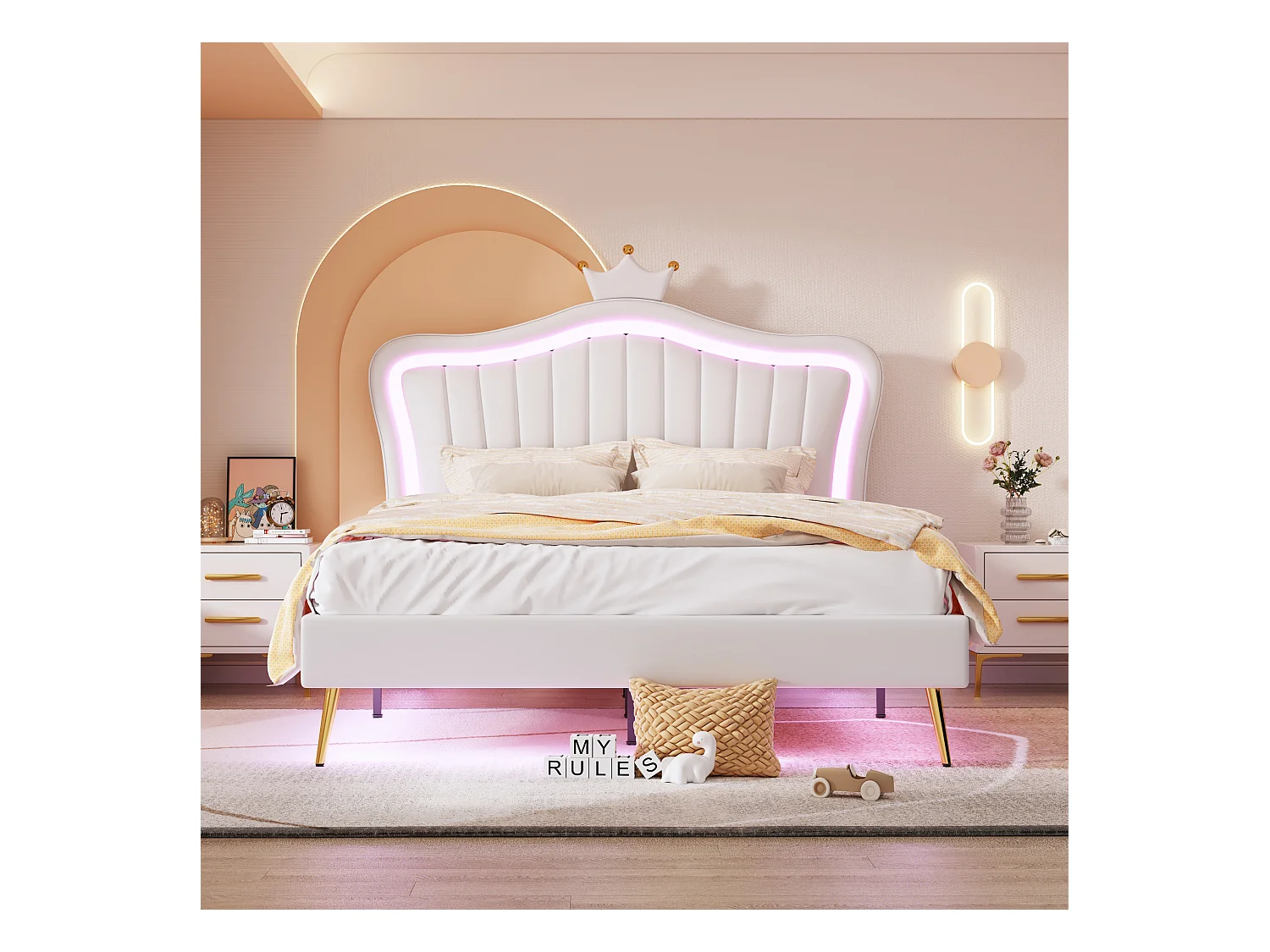 Lit enfant 140x200cm avec LED et tête de lit réglable en forme de couronne, PU blanc, sans matelas
