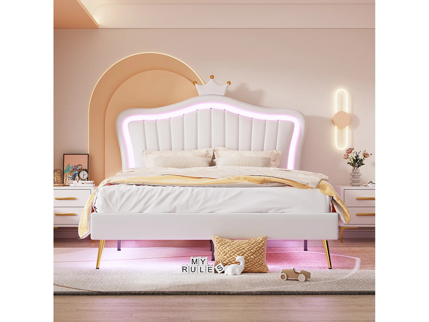Cama infantil 140x200cm com LED e cabeceira regulável em formato de coroa, PU branco, sem colchão