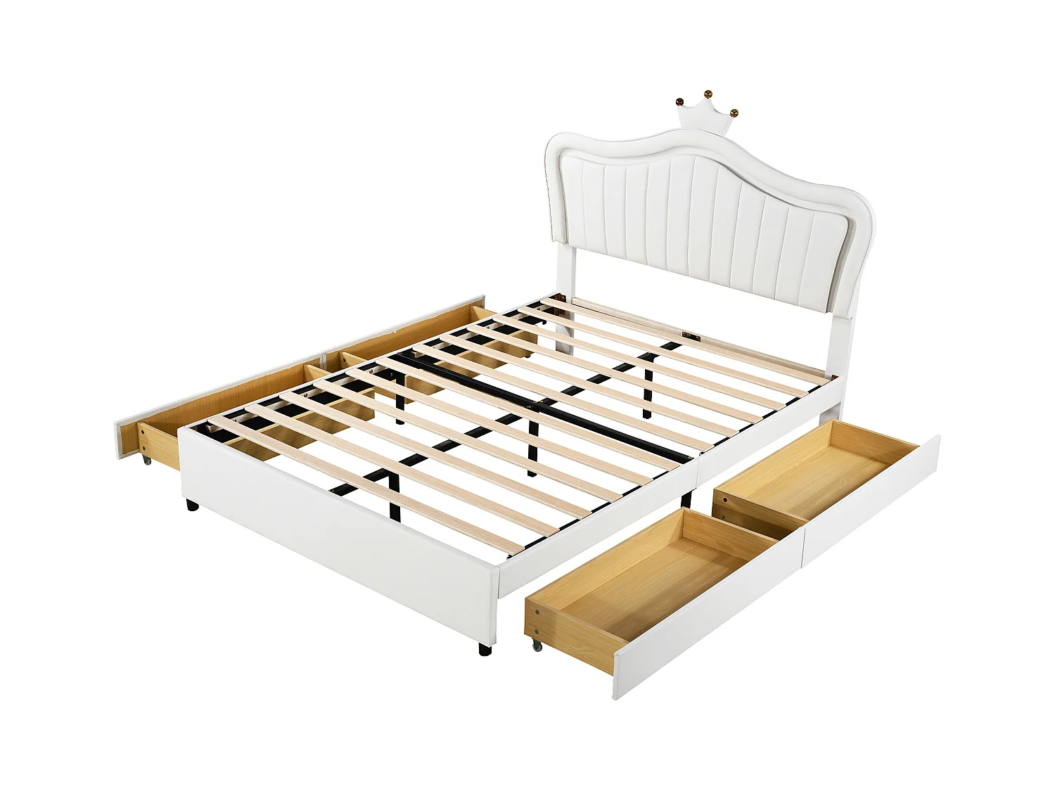 Lit enfant 140x200cm avec LED et 4 tiroirs, tête de lit réglable en forme de couronne, PU blanc, sans matelas