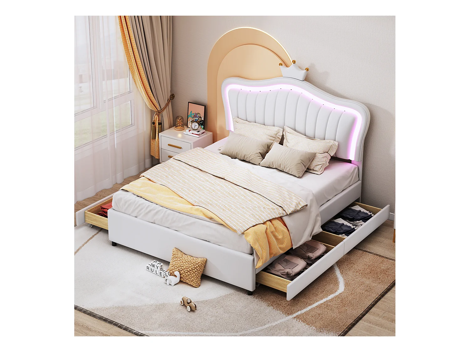 Lit enfant 140x200cm avec LED et 4 tiroirs, tête de lit réglable en forme de couronne, PU blanc, sans matelas