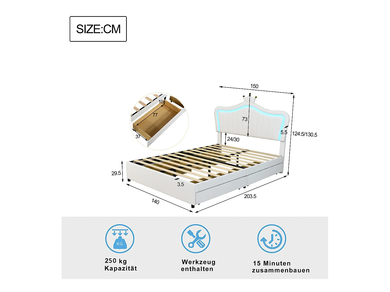 Lit enfant 140x200cm avec LED et 4 tiroirs, tête de lit réglable en forme de couronne, PU blanc, sans matelas