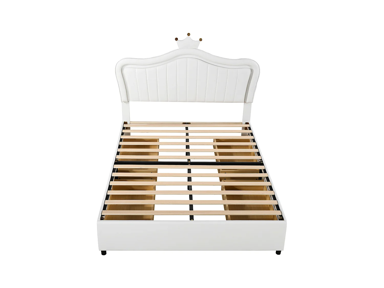 Lit enfant 140x200cm avec LED et 4 tiroirs, tête de lit réglable en forme de couronne, PU blanc, sans matelas