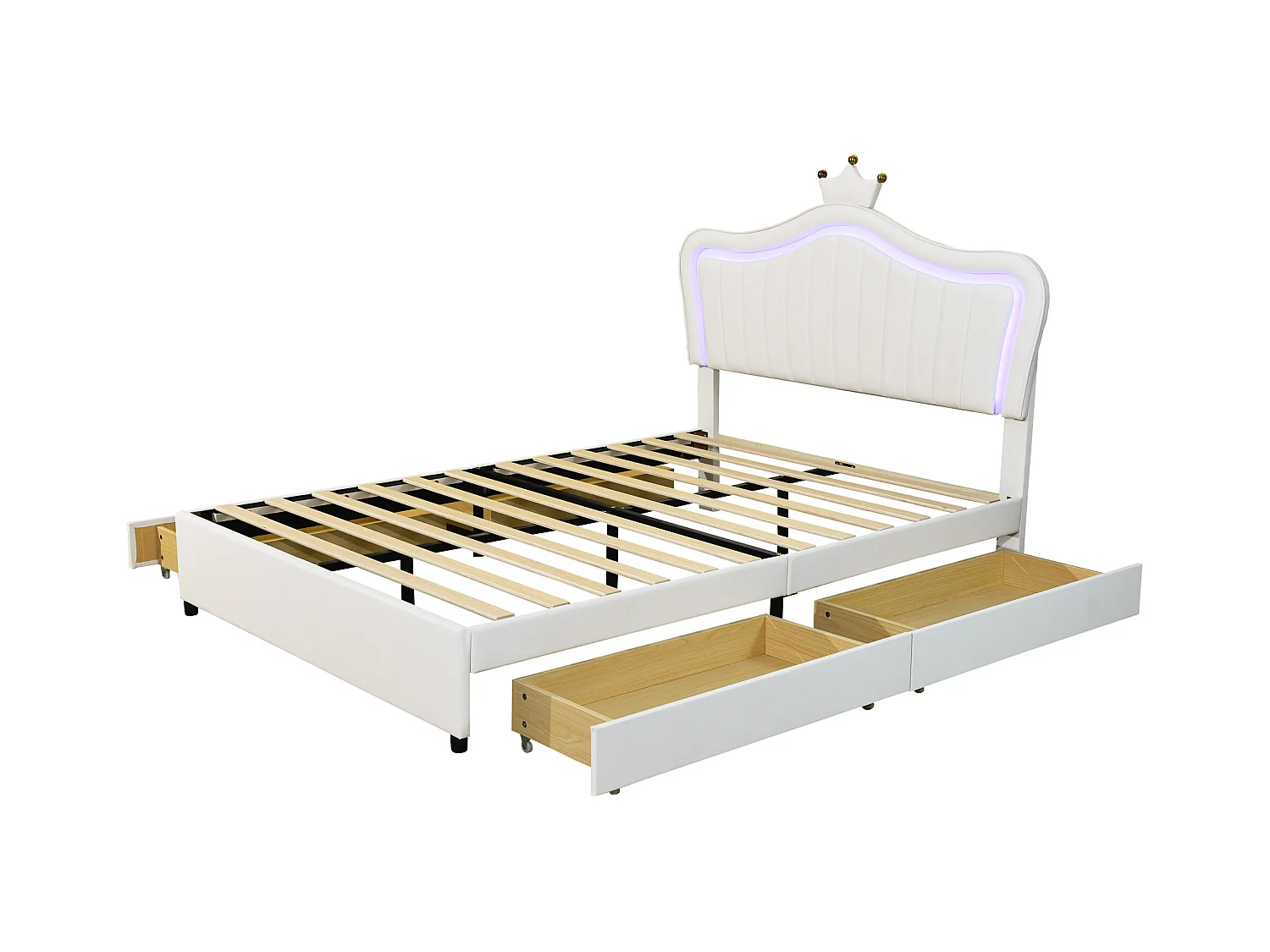 Lit enfant 140x200cm avec LED et 4 tiroirs, tête de lit réglable en forme de couronne, PU blanc, sans matelas