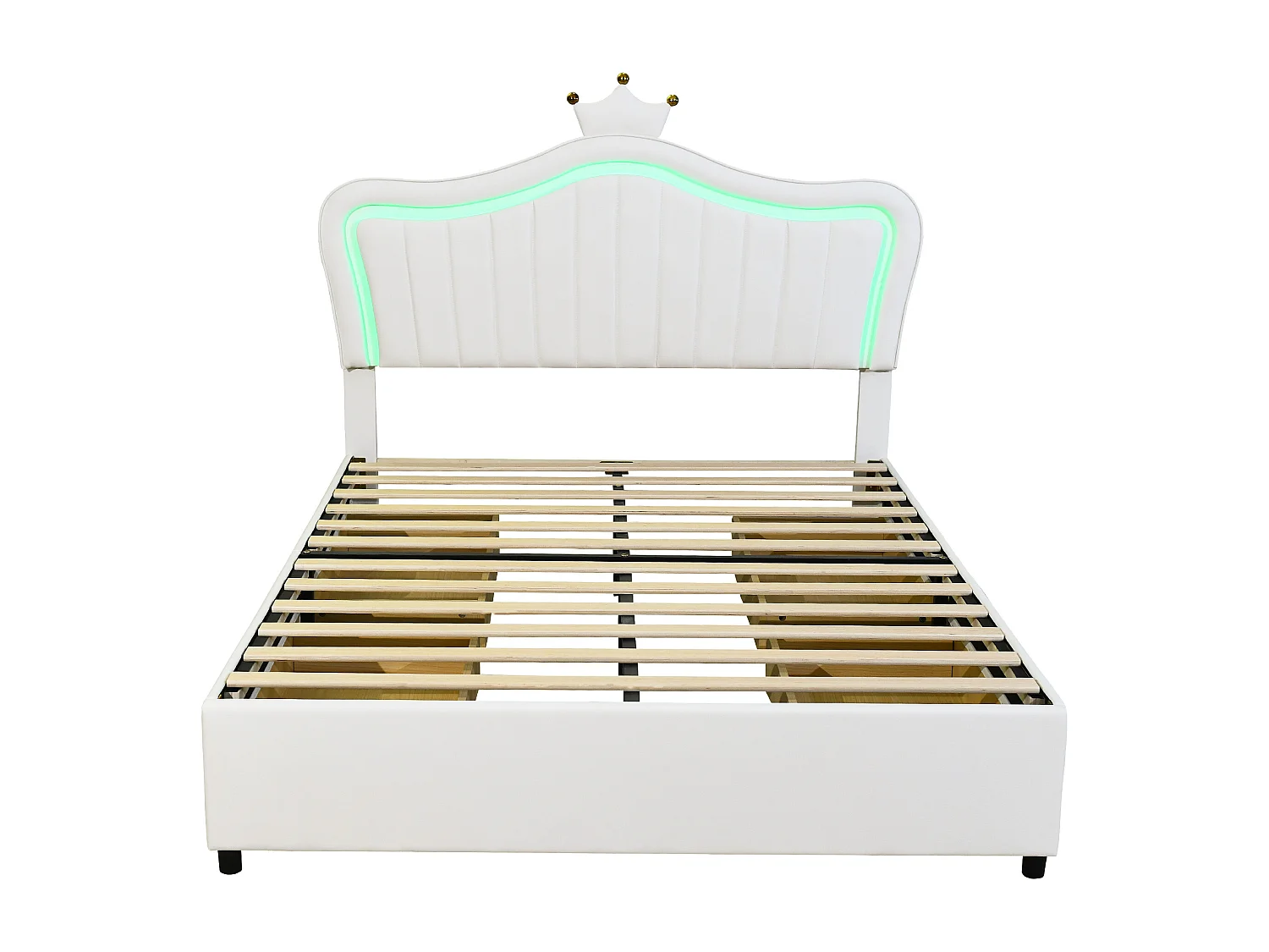 Cama infantil 140x200cm com LED e 4 gavetas, cabeceira ajustável em formato de coroa, PU branco, sem colchão