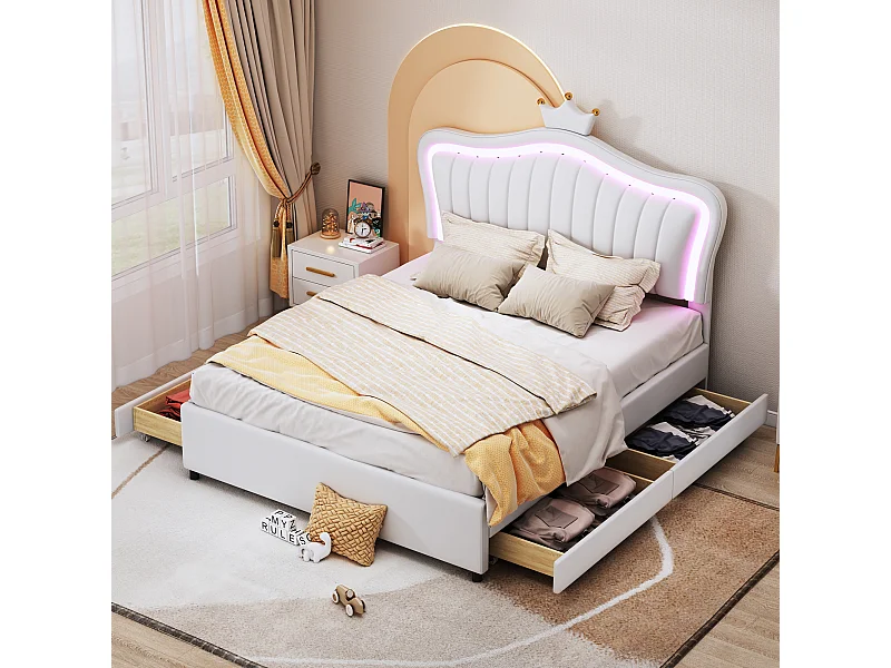 Lit enfant 140x200cm avec LED et 4 tiroirs, tête de lit réglable en forme de couronne, PU blanc, sans matelas