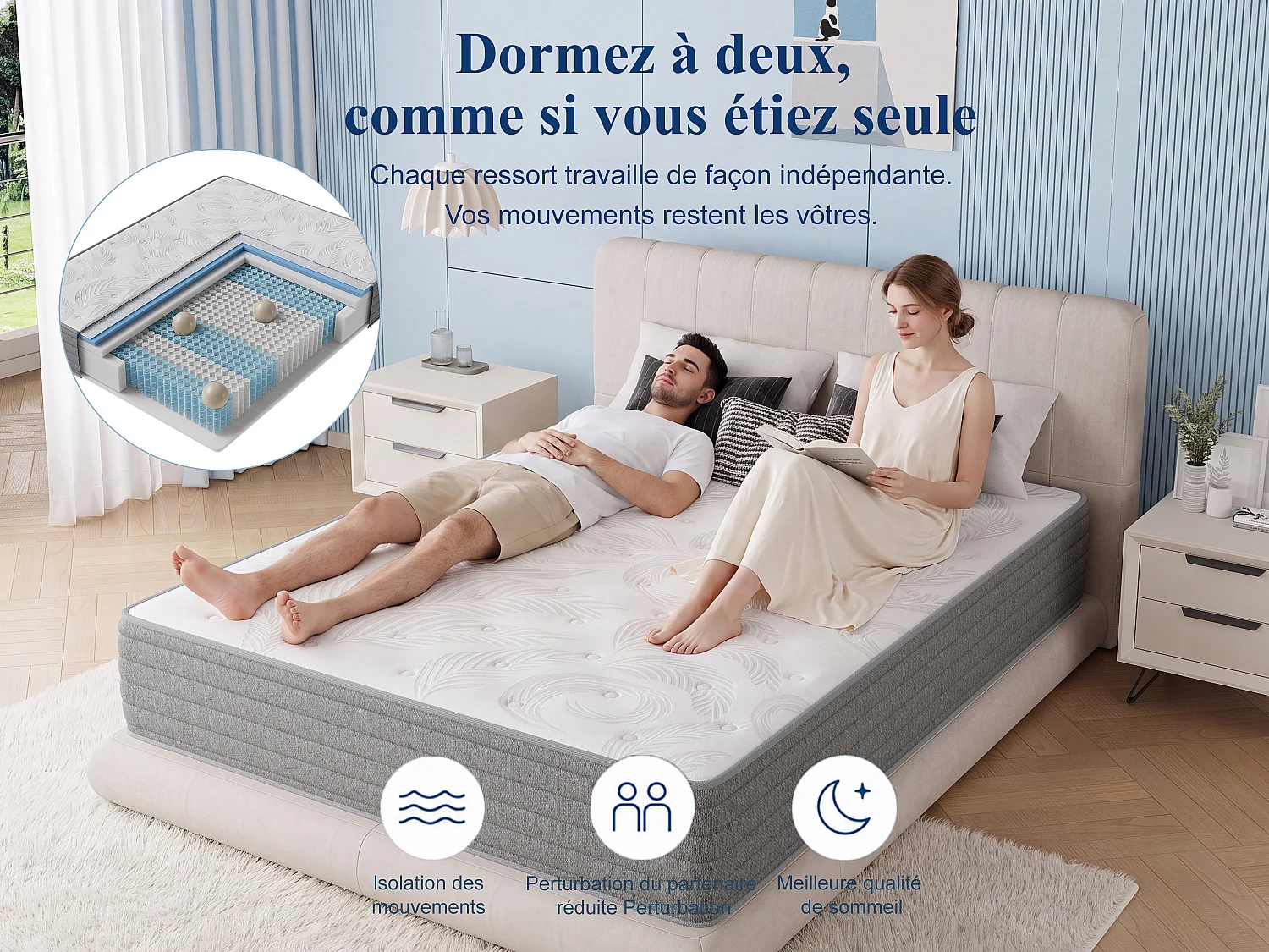 Matelas 180 x 200 cm ressorts ensachés 7 zones, accueil ferme H3, mousse confort ép. 22 cm, anti-allergique - HOMAVO