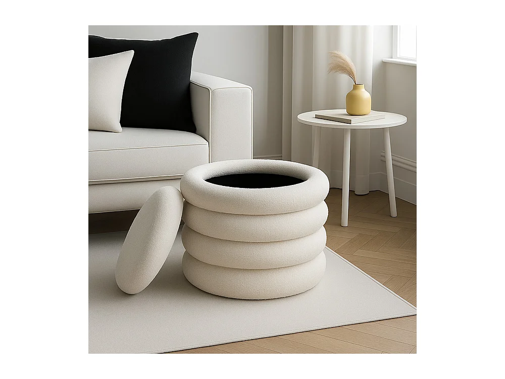 Bubble - Lot de 2 poufs coffres ronds en tissu bouclette ø47cm - Blanc