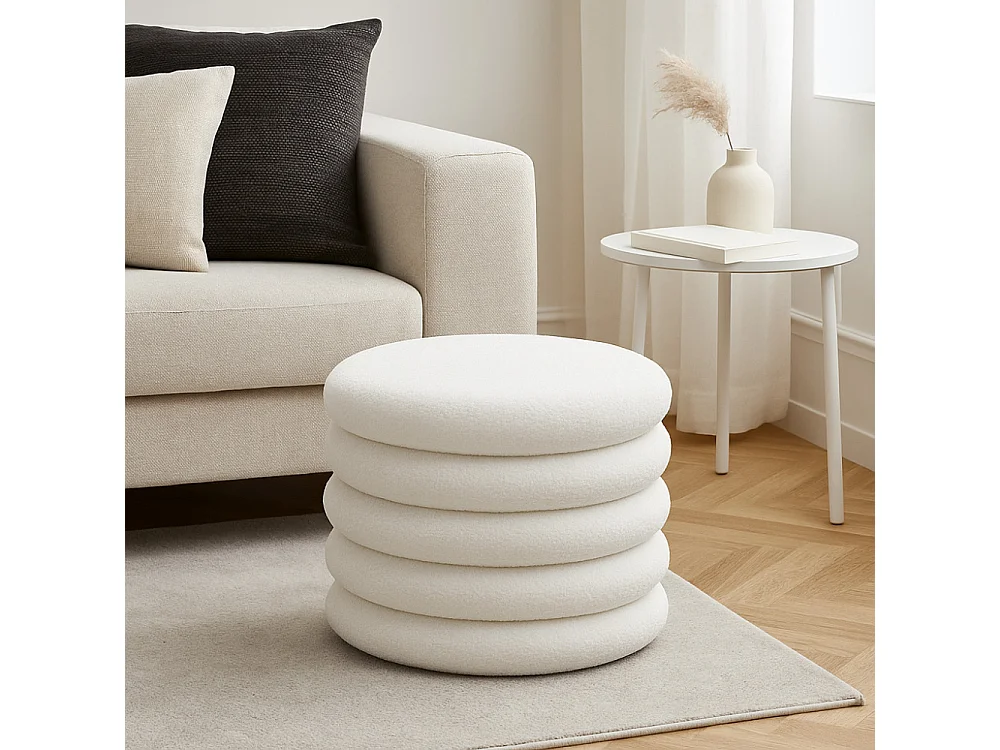Bubble - Lot de 2 poufs coffres ronds en tissu bouclette ø47cm - Blanc